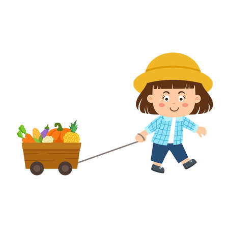 cute happy kid harvest fruit and vegetableのイラスト素材