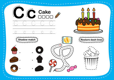 Alphabet Letter C - Cake exercise with cartoon vocabulary illustration, vectorのイラスト素材