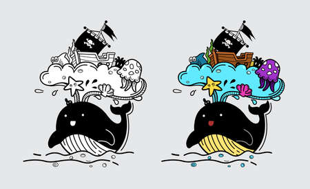 Illustration of isolated colorful and black and white whale for coloring bookのイラスト素材