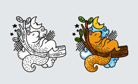 Illustration of isolated colorful and black and white squirrel for coloring bookのイラスト素材