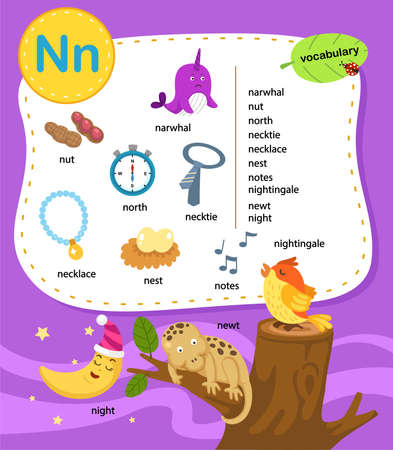 Alphabet Letter N education vocabulary illustration, vectorのイラスト素材