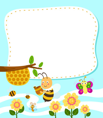 Empty banner template with cute bee collect honey illustrationのイラスト素材
