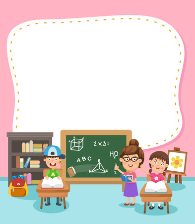 Empty banner template with children in classroom illustrationのイラスト素材