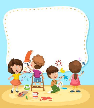 Empty banner template with children in classroom illustrationのイラスト素材