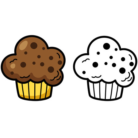 Illustration of isolated colorful and black and white cupcake for coloring bookのイラスト素材