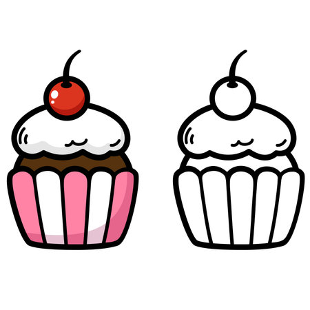 Illustration of isolated colorful and black and white cupcake for coloring bookのイラスト素材