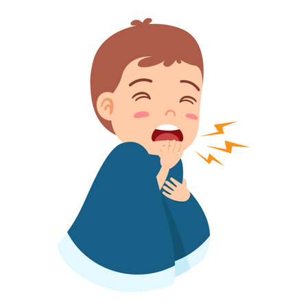 cartoon little kid boy coughing and sickのイラスト素材