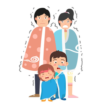 Sick family character cold and flu vector cartoon illustrationのイラスト素材