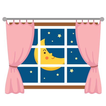 Night out the window with pink curtains isolated on white backgroundのイラスト素材