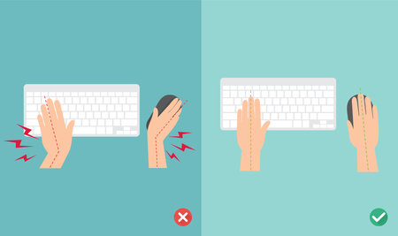 wrong and right ways for hand position in use keyboard and mouse illustration, vectorのイラスト素材