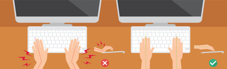 wrong and right ways for hand position in use keyboard and mouse illustration, vectorのイラスト素材