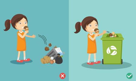 Do not throw littering on the floor.wrong and right.vector illustrationのイラスト素材