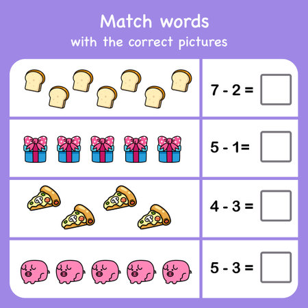 subtract and match with pictures. Educational worksheet for preschoolのイラスト素材