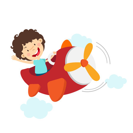 Cartoon little kid riding airplaneのイラスト素材