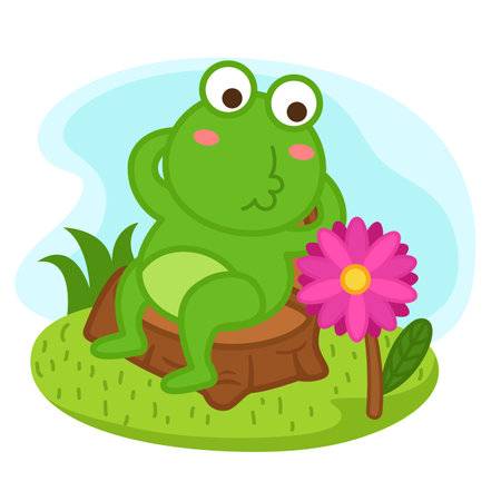 cute cartoon frog character on white background illustrationのイラスト素材