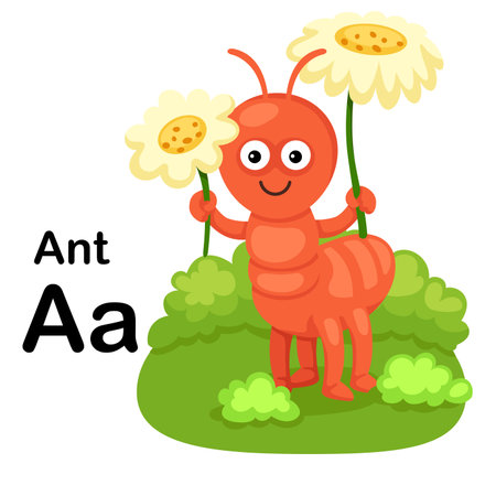 Alphabet Letter A-Ant with cartoon vocabulary illustration, vectorのイラスト素材