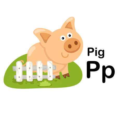 Alphabet Letter P-Pig with cartoon vocabulary illustration, vectorのイラスト素材