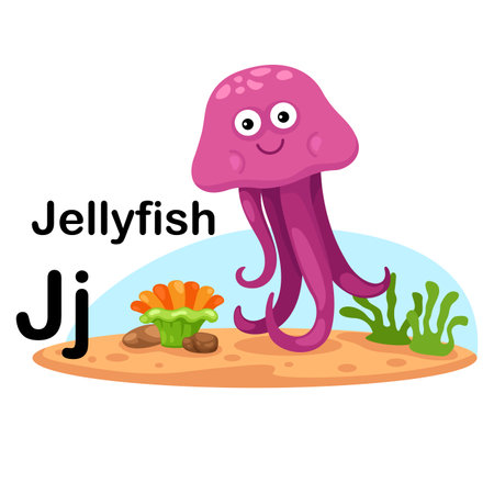 Alphabet Letter J-Jellyfish with cartoon vocabulary illustration, vectorのイラスト素材