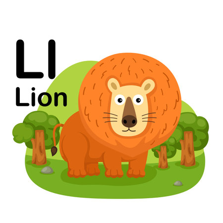 Alphabet Letter L-Lion with cartoon vocabulary illustration, vectorのイラスト素材