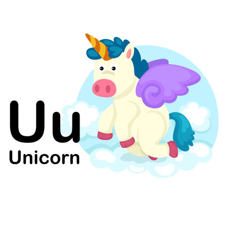 Alphabet Letter U-Unicorn with cartoon vocabulary illustration, vectorのイラスト素材