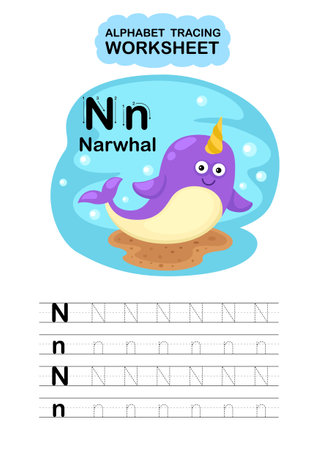 Illustration Isolated Animal Alphabet Tracing Worksheet  Letter N-Narwhalのイラスト素材