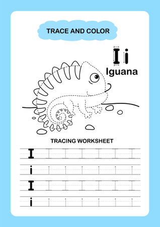 Illustration Isolated Animal Alphabet Trace and color Letter I-Iguanaのイラスト素材