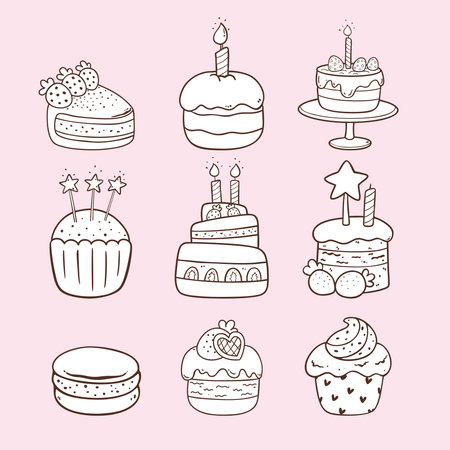 cute cake and cupcake cartoon doodle hand drawn