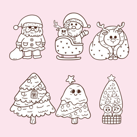 santa claus with reindeer and christmas tree cartoon doodle hand drawnのイラスト素材