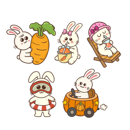 Set of cute summer rabbit cartoon doodle hand drawn character illustrationのイラスト素材