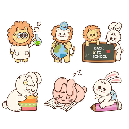 cute rabbit and lion in the variation of school and education cartoon hand drawn character illustrationのイラスト素材