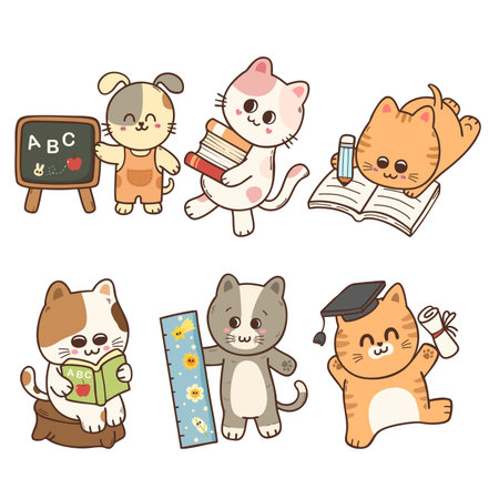 Cute puppy and kitten in the variation of school and education cartoon hand drawn character illustrationのイラスト素材