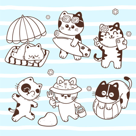 Set of cute summer cat cartoon doodle hand drawn character illustrationのイラスト素材