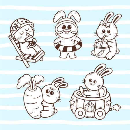 Set of cute summer rabbit cartoon doodle hand drawn character illustrationのイラスト素材