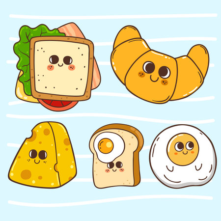 Cute breakfast food cartoon hand drawn character illustrationのイラスト素材