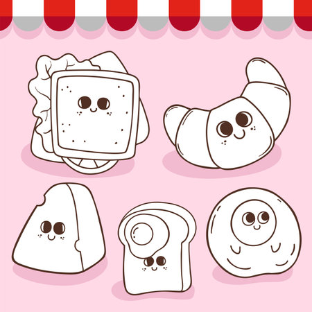 Cute breakfast food cartoon hand drawn character coloring book for kid illustrationのイラスト素材
