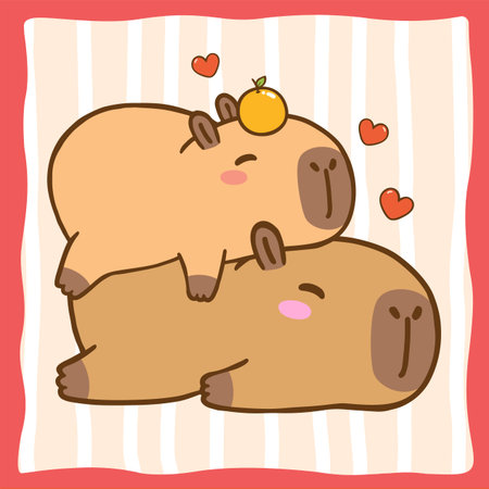 Kawaii Valentine Capybara Hugging Cartoon Hand Drawn Illustrationのイラスト素材