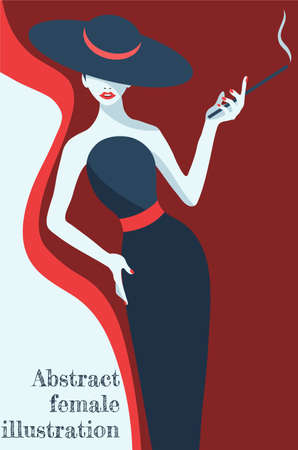 abstract illustration of fashion stylized woman in hat and long dress with red elementsのイラスト素材