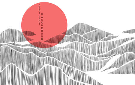 vector abstract japanese style landscapes lined waves with red circleのイラスト素材