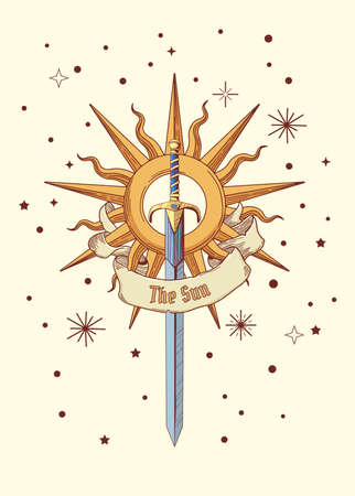 medieval colored sword with bold border in cartoon style with sun and tapeのイラスト素材