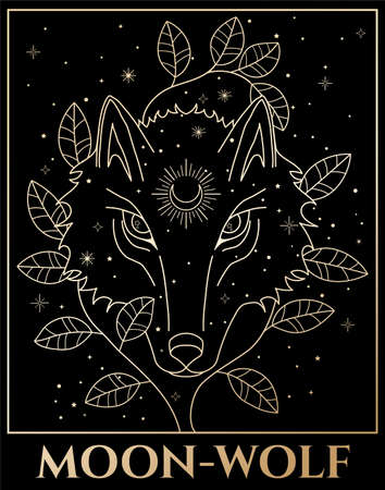 vector black and gold illustration of wolf head, izotheric art of moon wolfのイラスト素材
