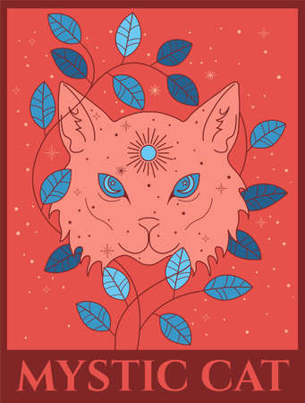 vector illustration of cat head with leaves and branches in orange and blue colors, main color is orange, esoteric abstract cosmic art of animal headのイラスト素材
