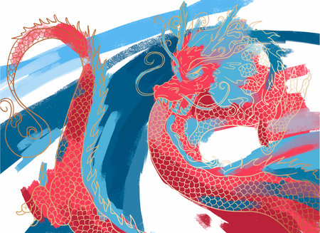 Illustration of a red dragon on a blue and red background.のイラスト素材