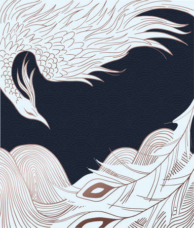abstract illustration of mythological bird phoenix Fenghuang, black and whiteのイラスト素材