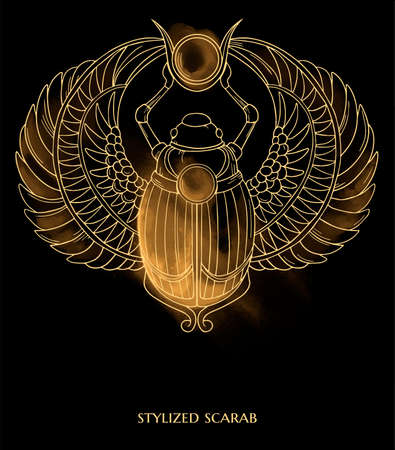 vector illustration with stylized scarab on light gold smokeのイラスト素材