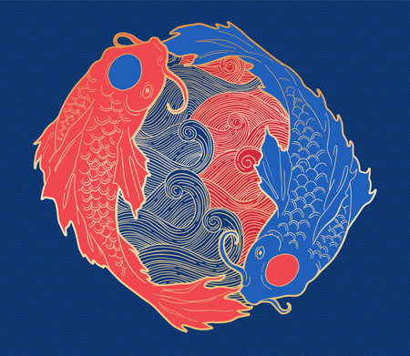Koi fish on blue background. Japanese style. Vector illustration.のイラスト素材