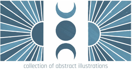 blue abstract illustrations of moon and sun with rough texturesのイラスト素材
