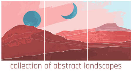 vector abstract landscapes in minimalist style. orange and blue palette, main color is orangeのイラスト素材