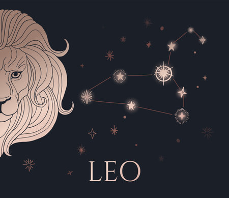 illustration of lion head, zodiac sign - leo, black and gold with stars zodiac formのイラスト素材