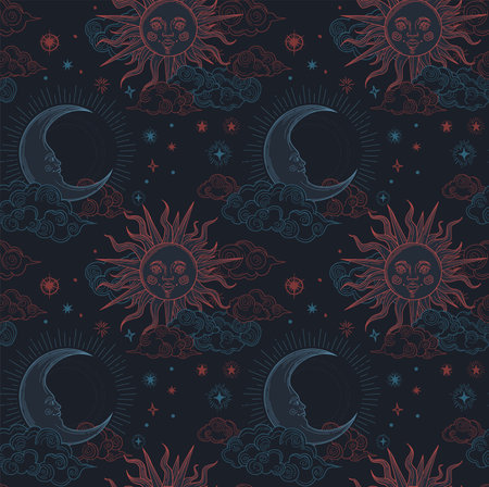 seamless pattern of black sun and moon with clouds, red and blue colorsのイラスト素材