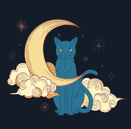 colorful illustration of mystic cat with moon and cloudsのイラスト素材